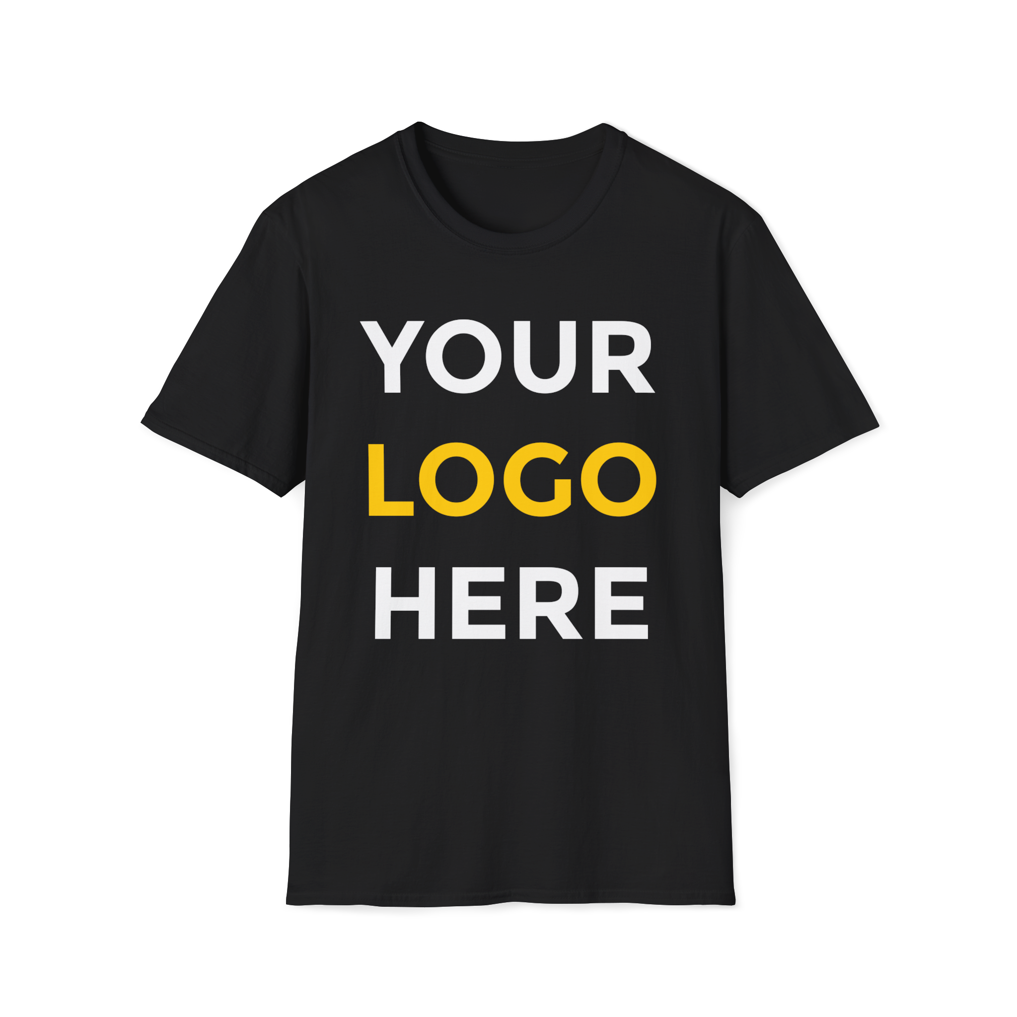 Black unisex tee with custom logo placeholder