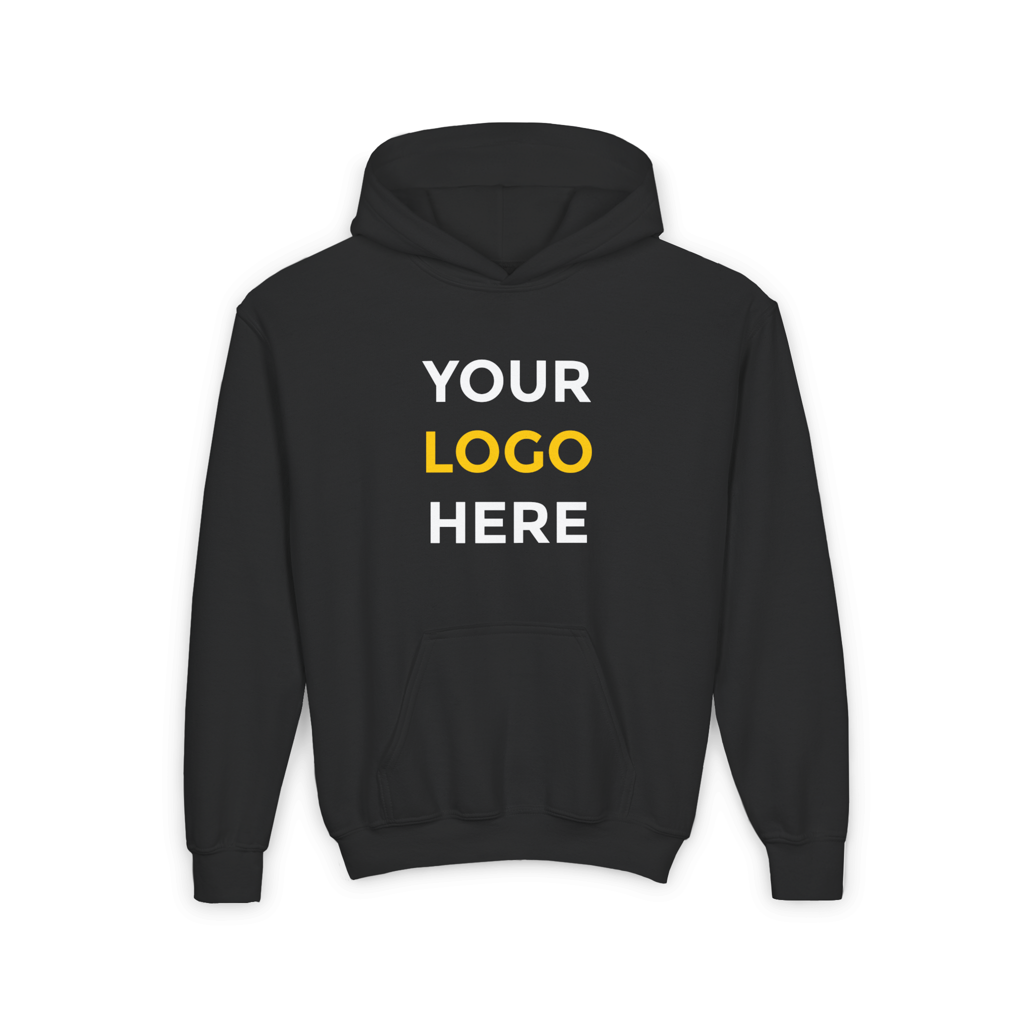Black youth hoodie with custom logo placeholder